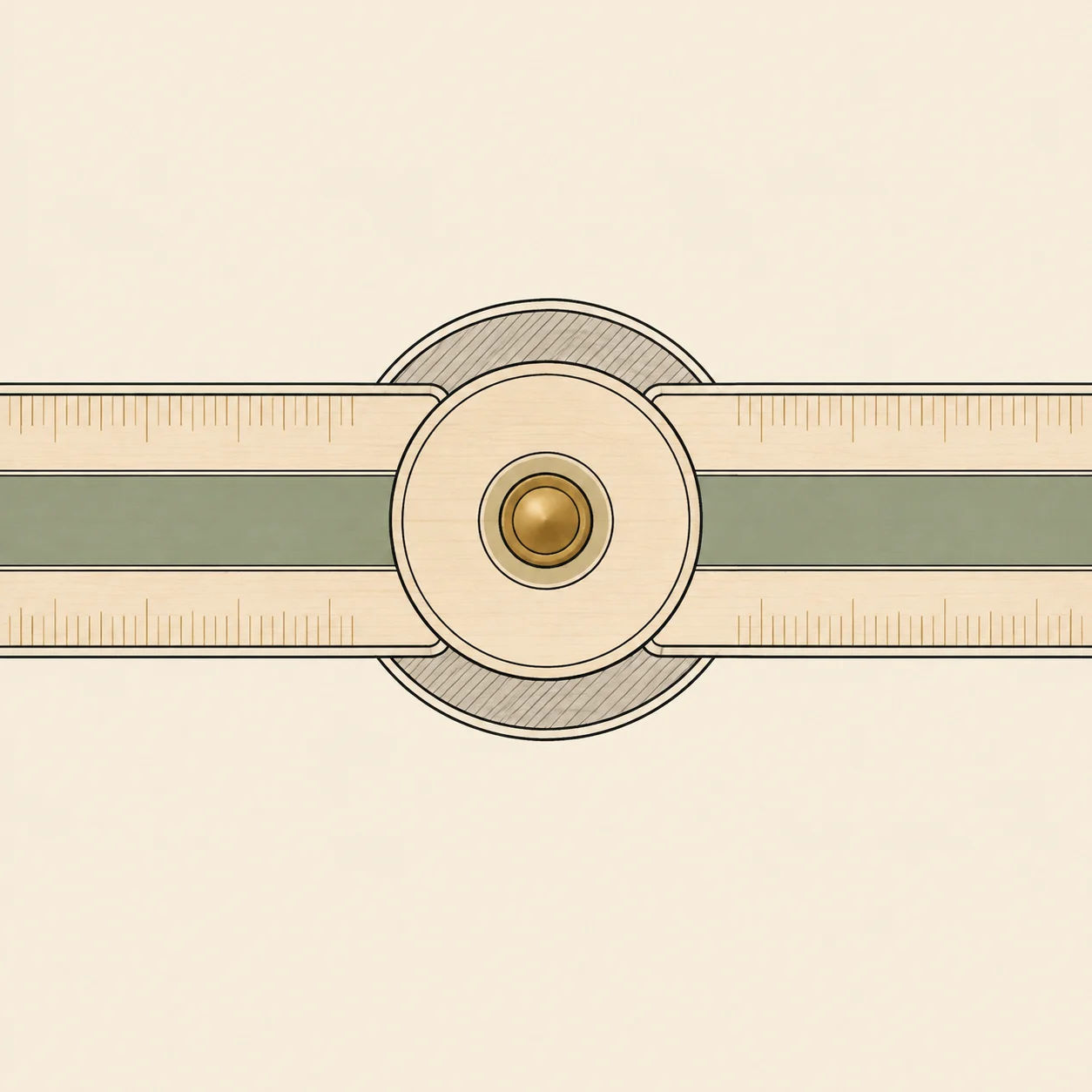 A brass hinge rivet joining two arms of a folding rule, drawn as concentric circles.