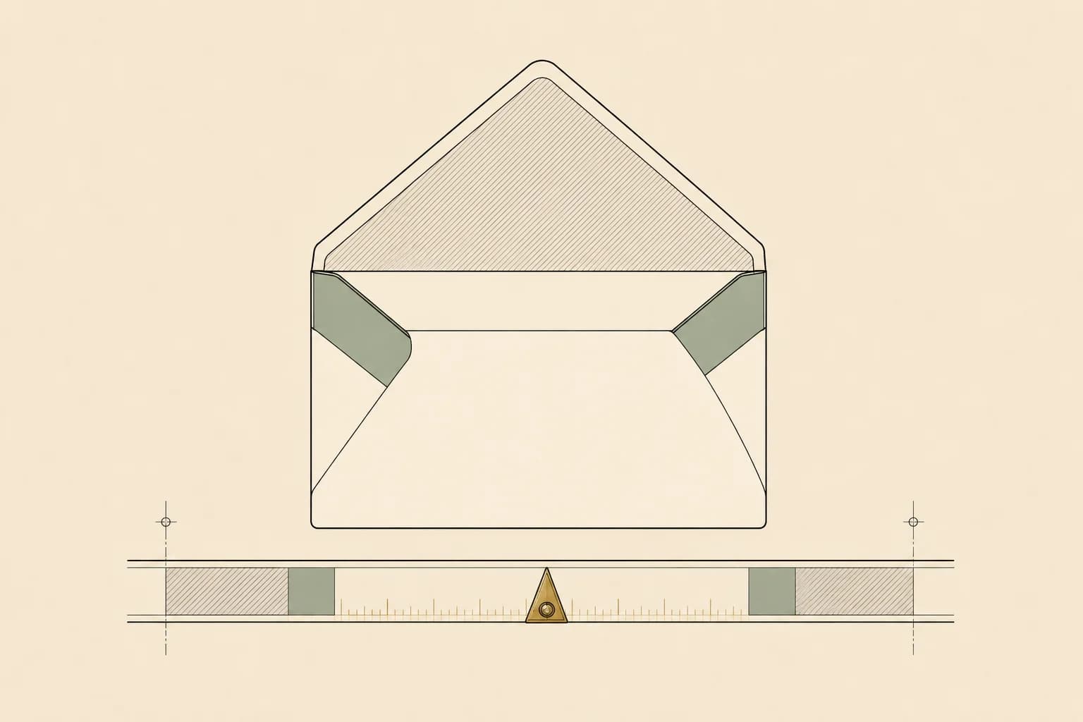 An open envelope drawn as a flat outline with a graduated tick rule along its lower edge.